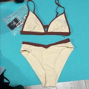 SHEIN Cream Bikini Set with Brown Trim net